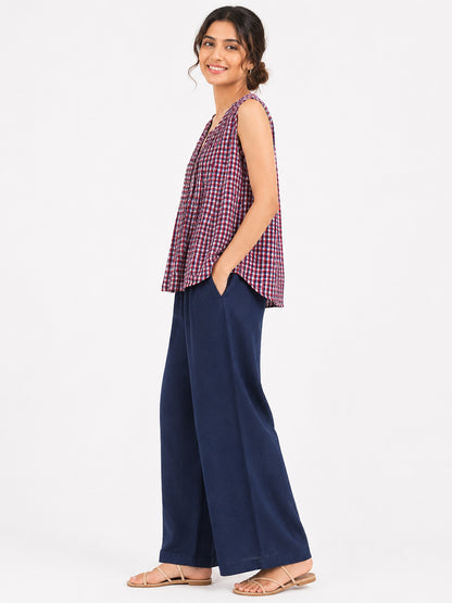 Sleeveless Cotton Check Top with Front Pleats