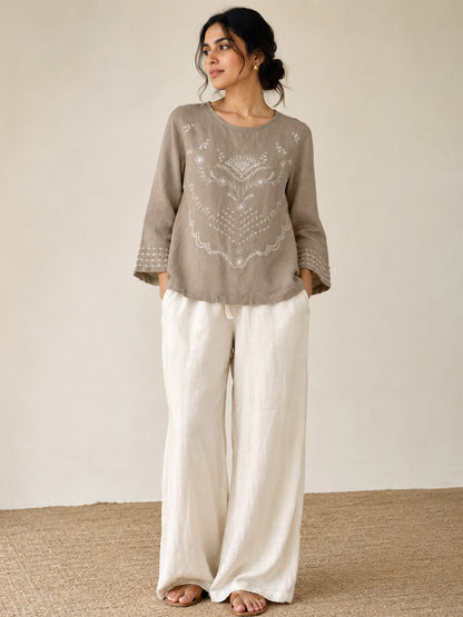 Thread Embroidered Cotton Beige Top