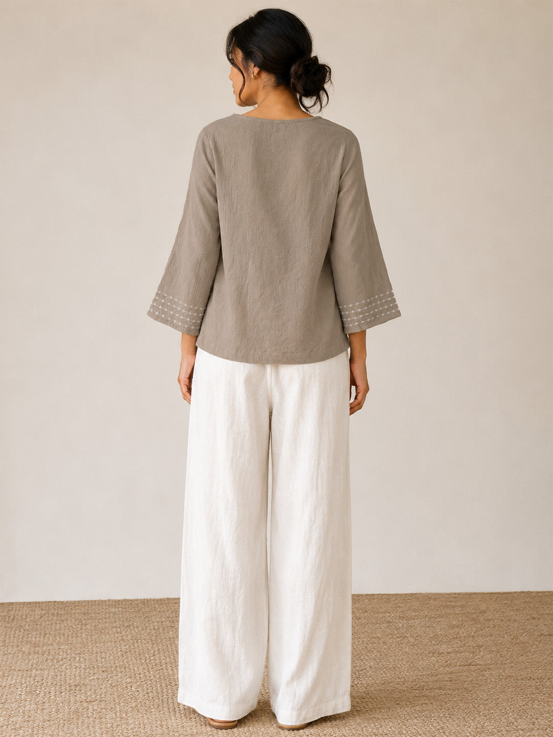 Thread Embroidered Cotton Beige Top