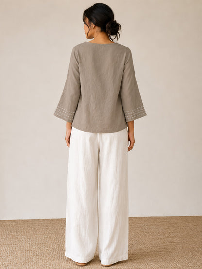 Thread Embroidered Cotton Beige Top