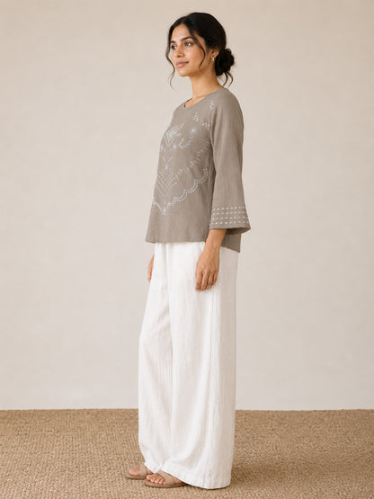 Thread Embroidered Cotton Beige Top