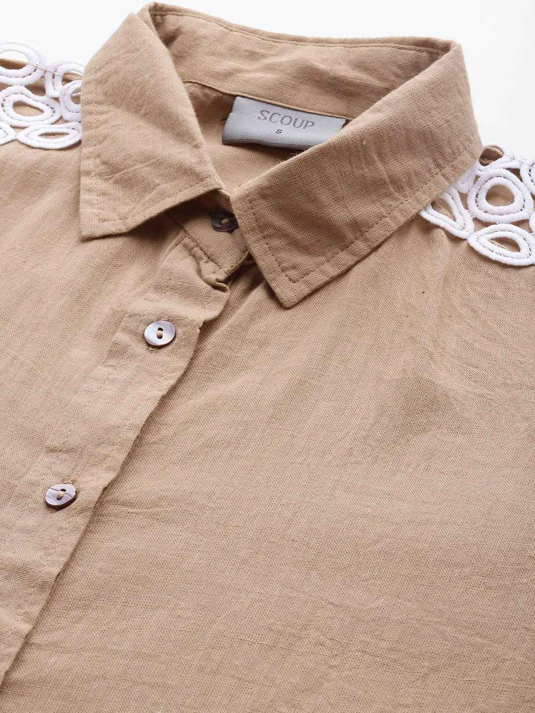 Brown Solid Shirt Tunic With Lace Insert
