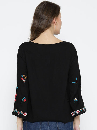 Cross-Stitch Yoke Embroidered Black GGT Top