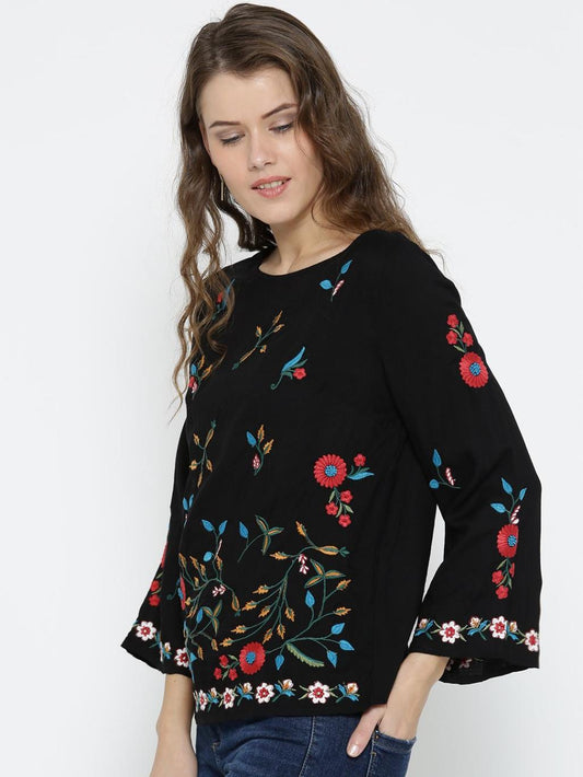 Women Black Embroidered A-Line Top