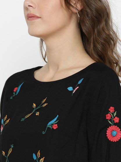 Women Black Embroidered A-Line Top