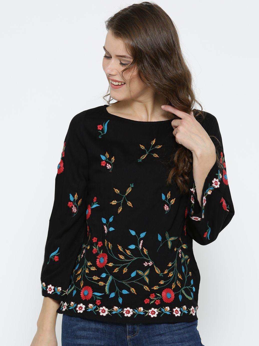 Women Black Embroidered A-Line Top