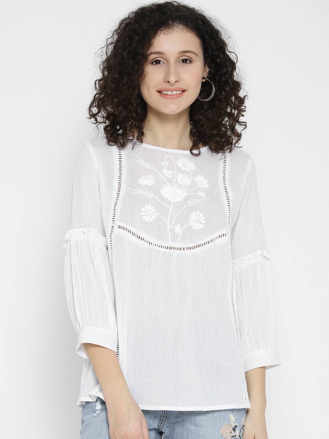 Scoup Women's white-embroidered-top