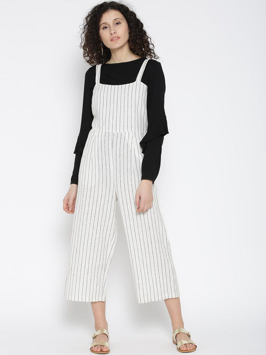 Scoup Women's cotton-ivory-stripe-dungarees