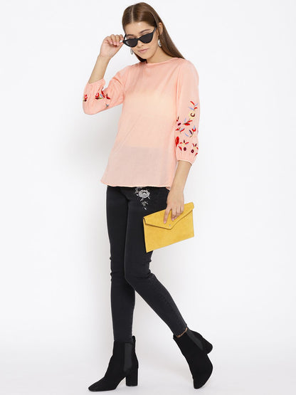 Peach Sleeves Embroidered Top