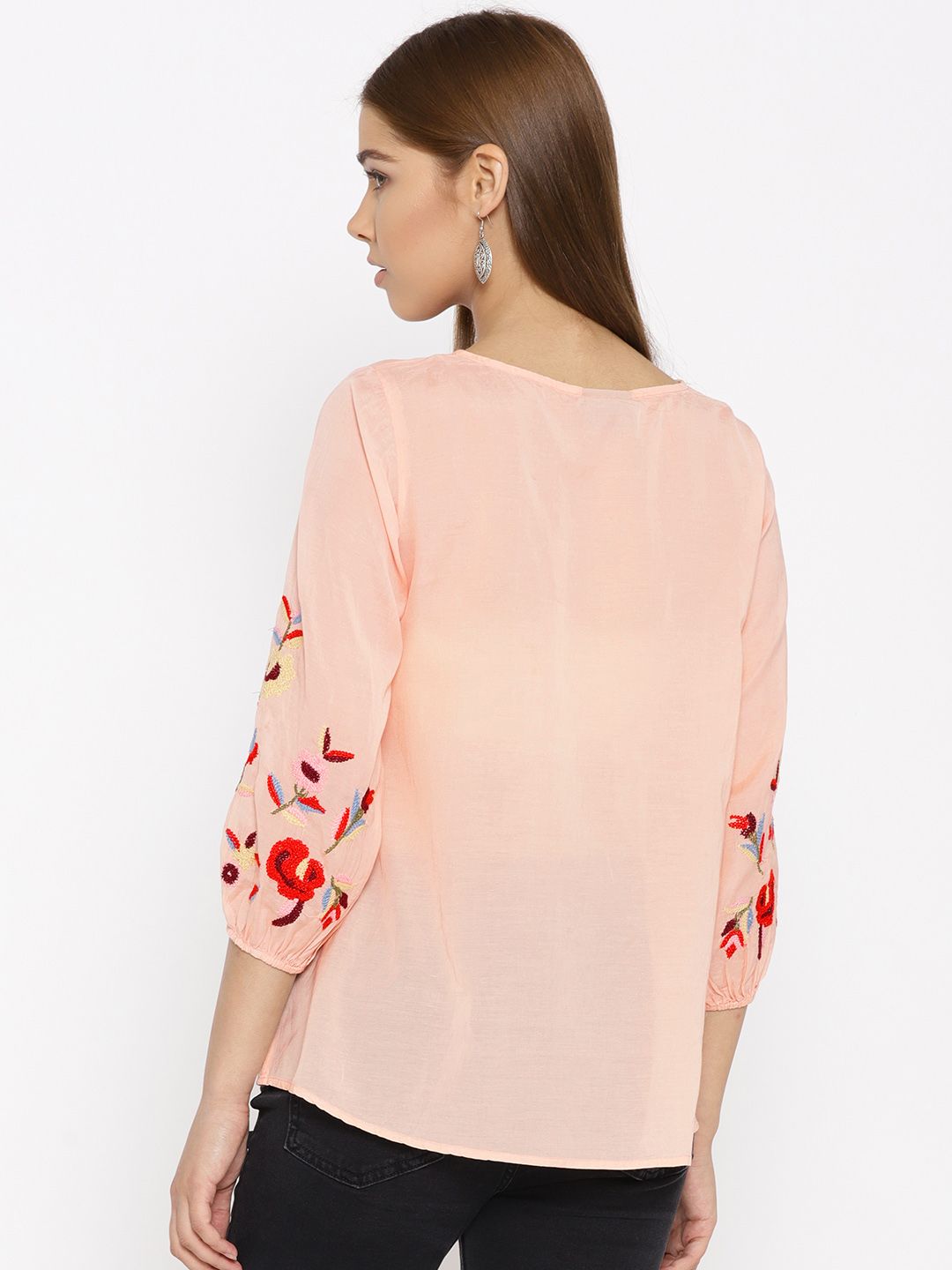 Peach Sleeves Embroidered Top