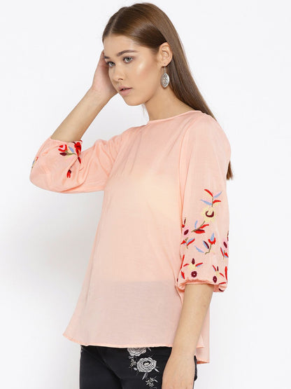 Peach Sleeves Embroidered Top