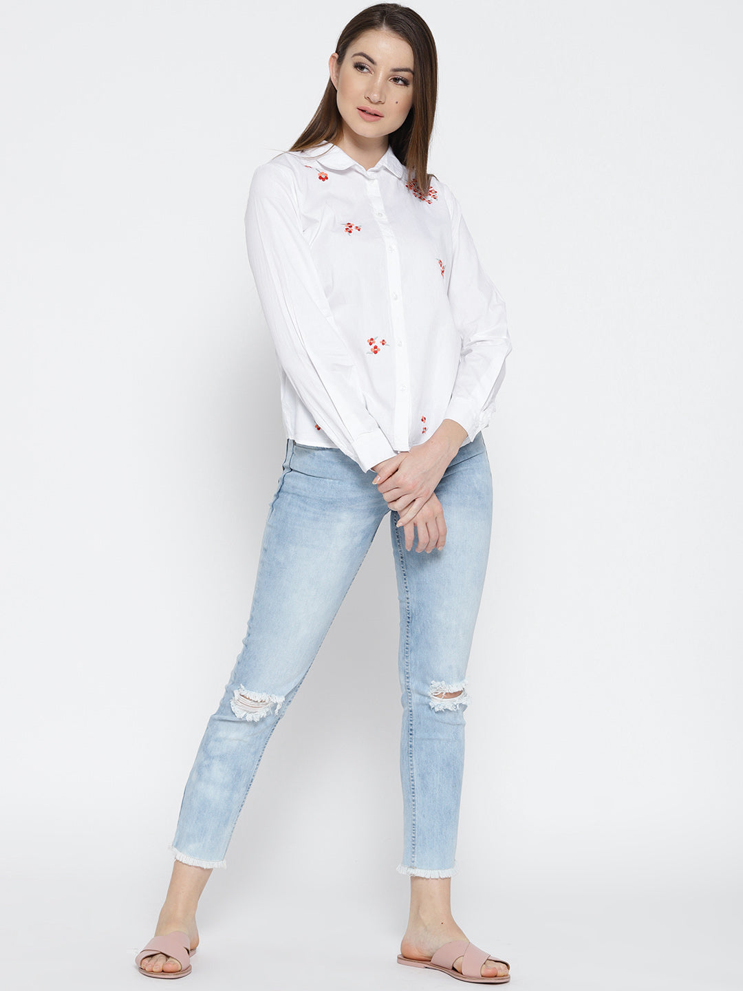 White Regular Fit Embroidered Casual Shirt