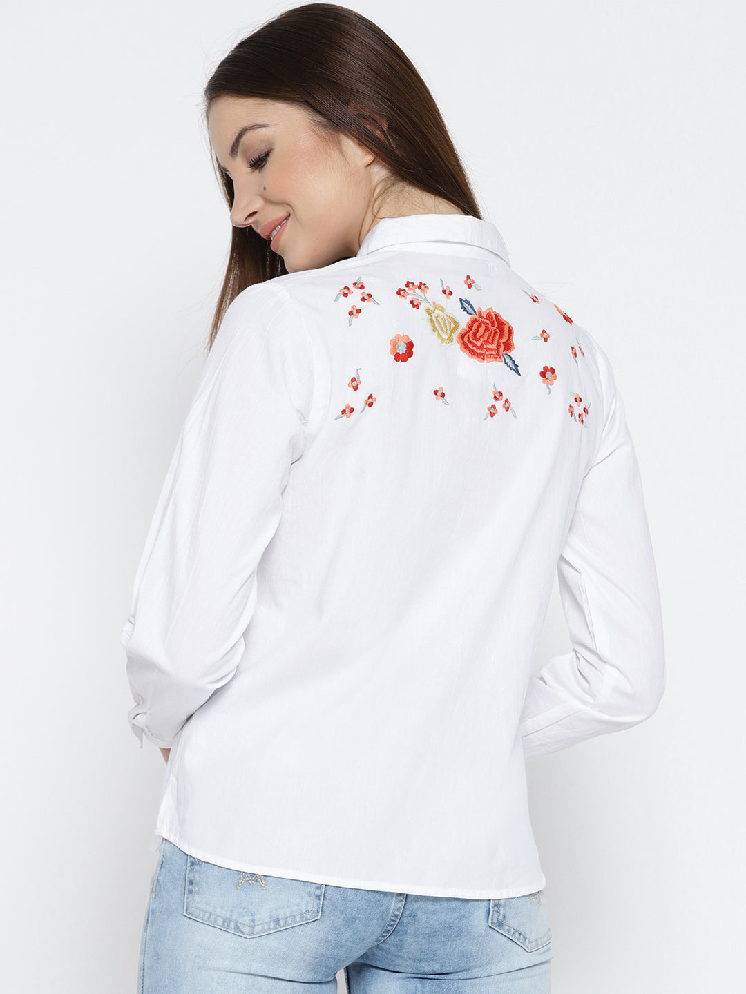 White Regular Fit Embroidered Casual Shirt