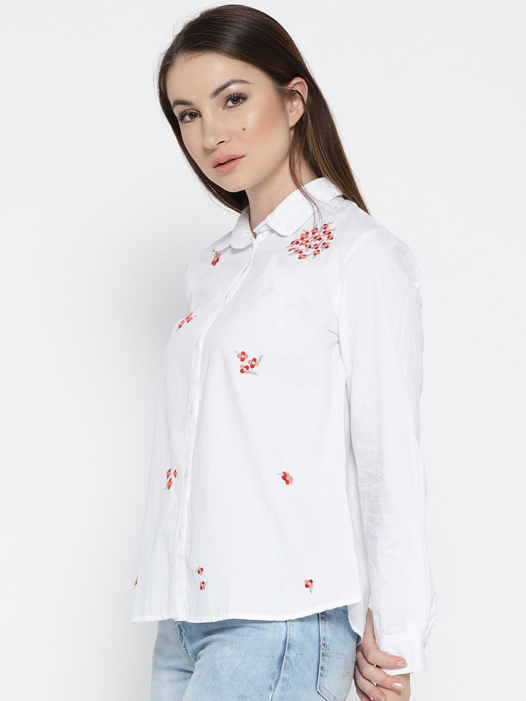 White Regular Fit Embroidered Casual Shirt