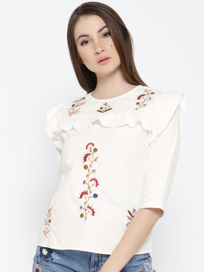 White Cotton Embridered & Embellished Top