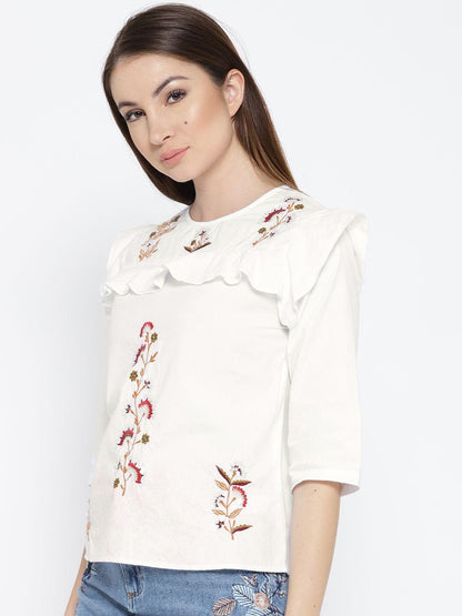 White Cotton Embridered & Embellished Top