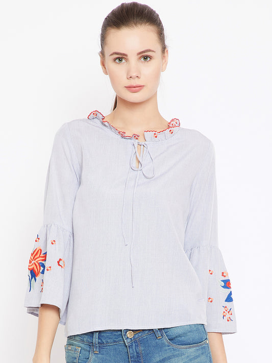 Scoup Blue Solid A-Line EmbroideredTop