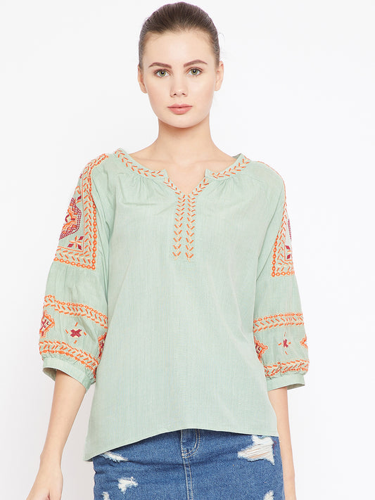 Scoup Sea Green Embroidered Top