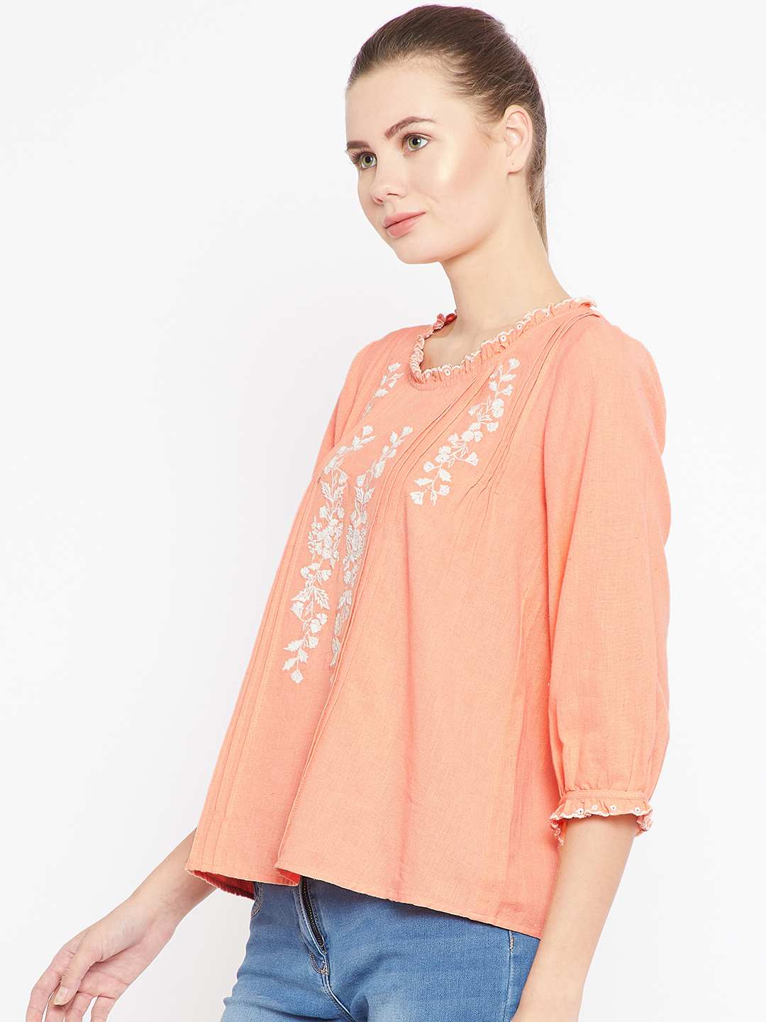 Cotton Linen Peach Embroidered & Pleat Detail Top