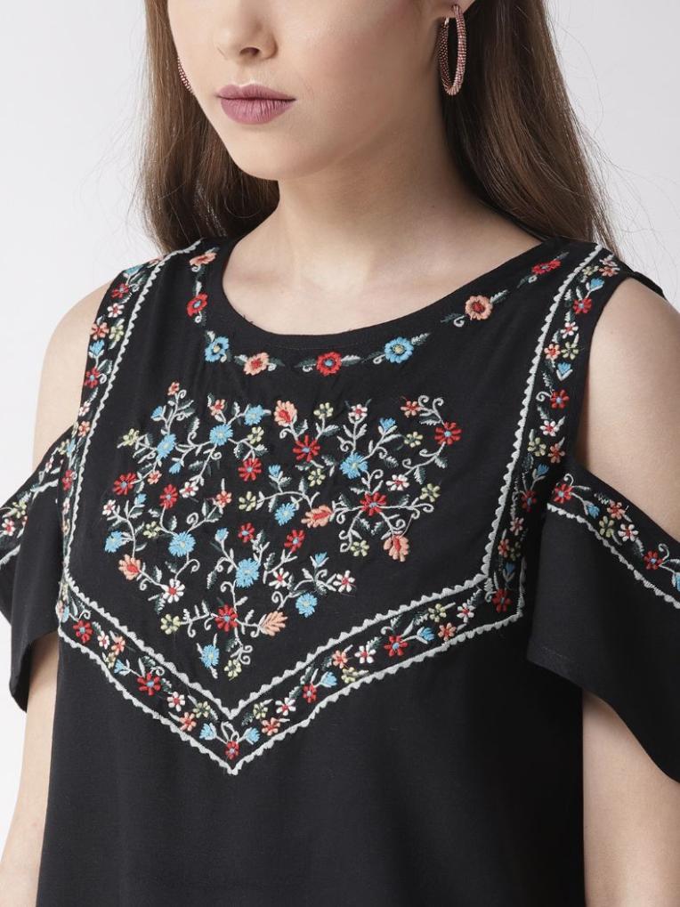Floral Embroidered Black Top