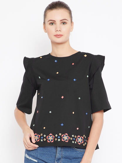 Black Embroidered A-Line Top