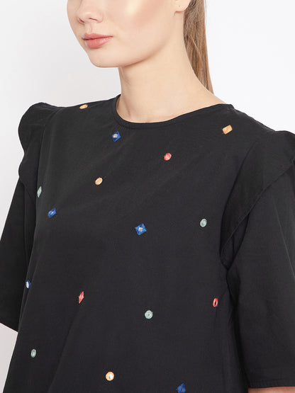 Black Embroidered A-Line Top