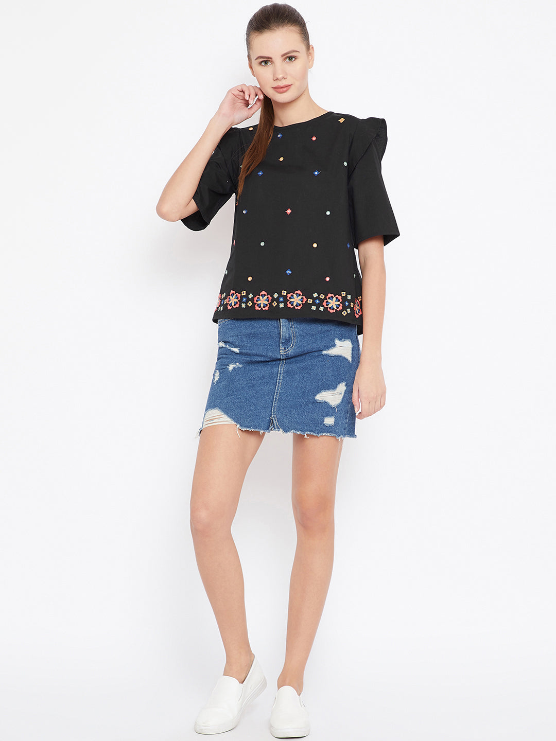 Black Embroidered A-Line Top