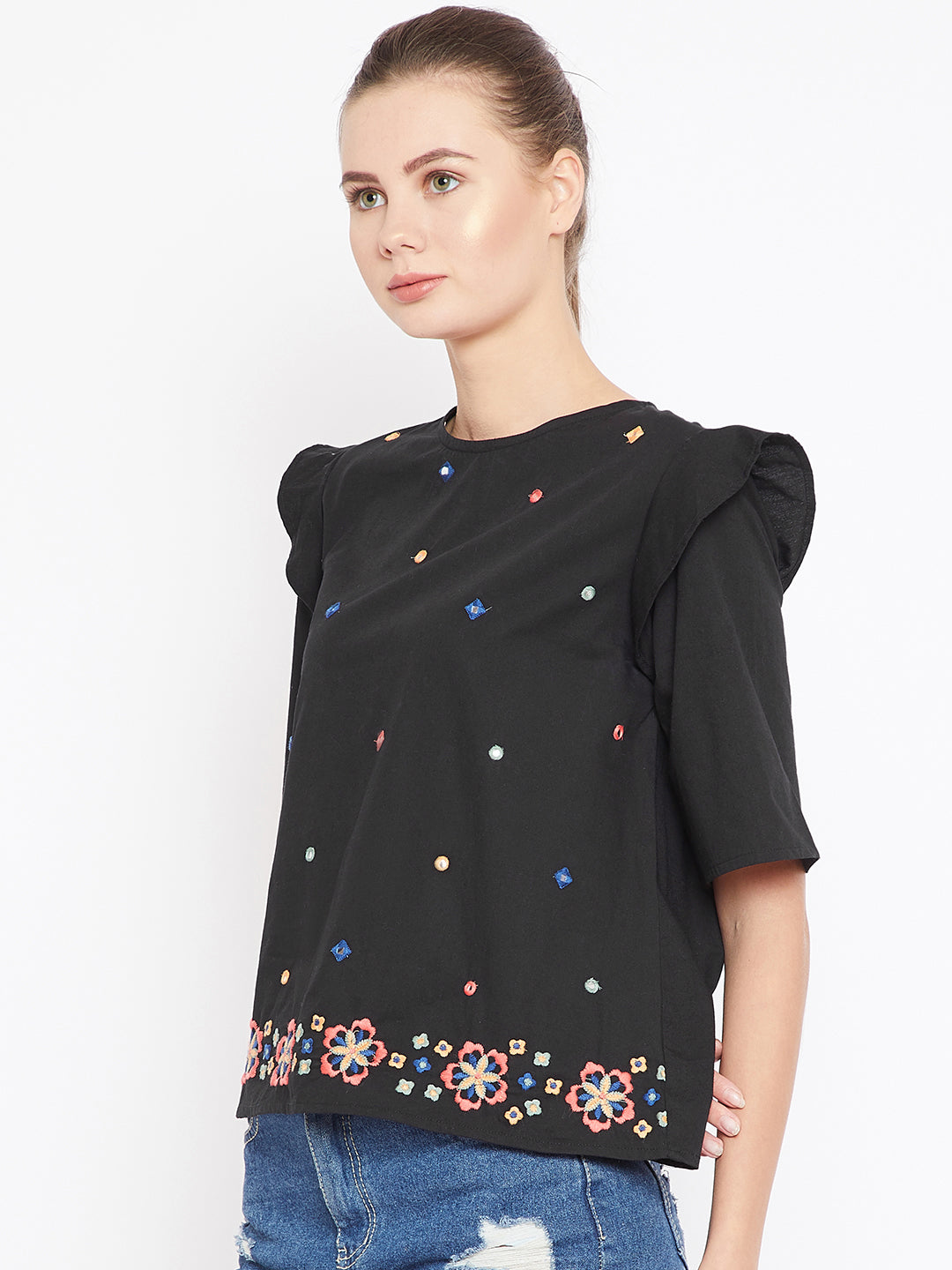 Black Embroidered A-Line Top