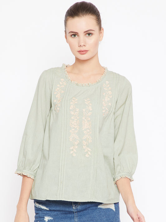 Scoup Sea Green Embroidered Detail A-Line Top