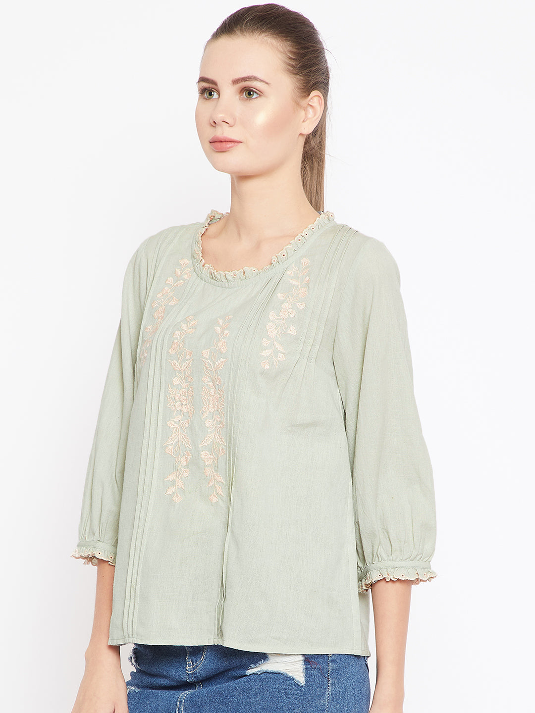 Sea Green Embroidered Detail A-Line Top