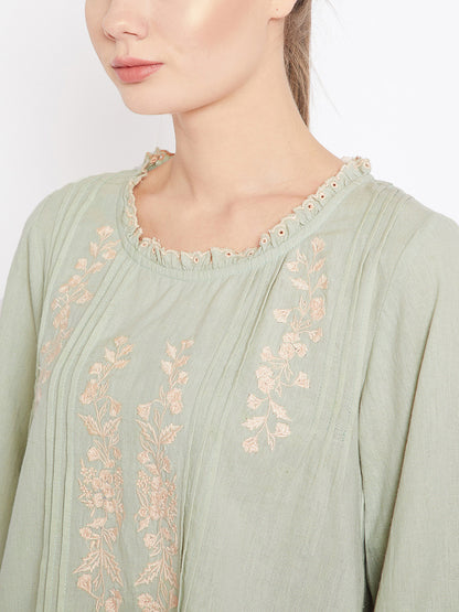 Sea Green Embroidered Detail A-Line Top