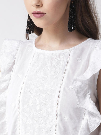 White Embroidered A-Line Pure Cotton Top