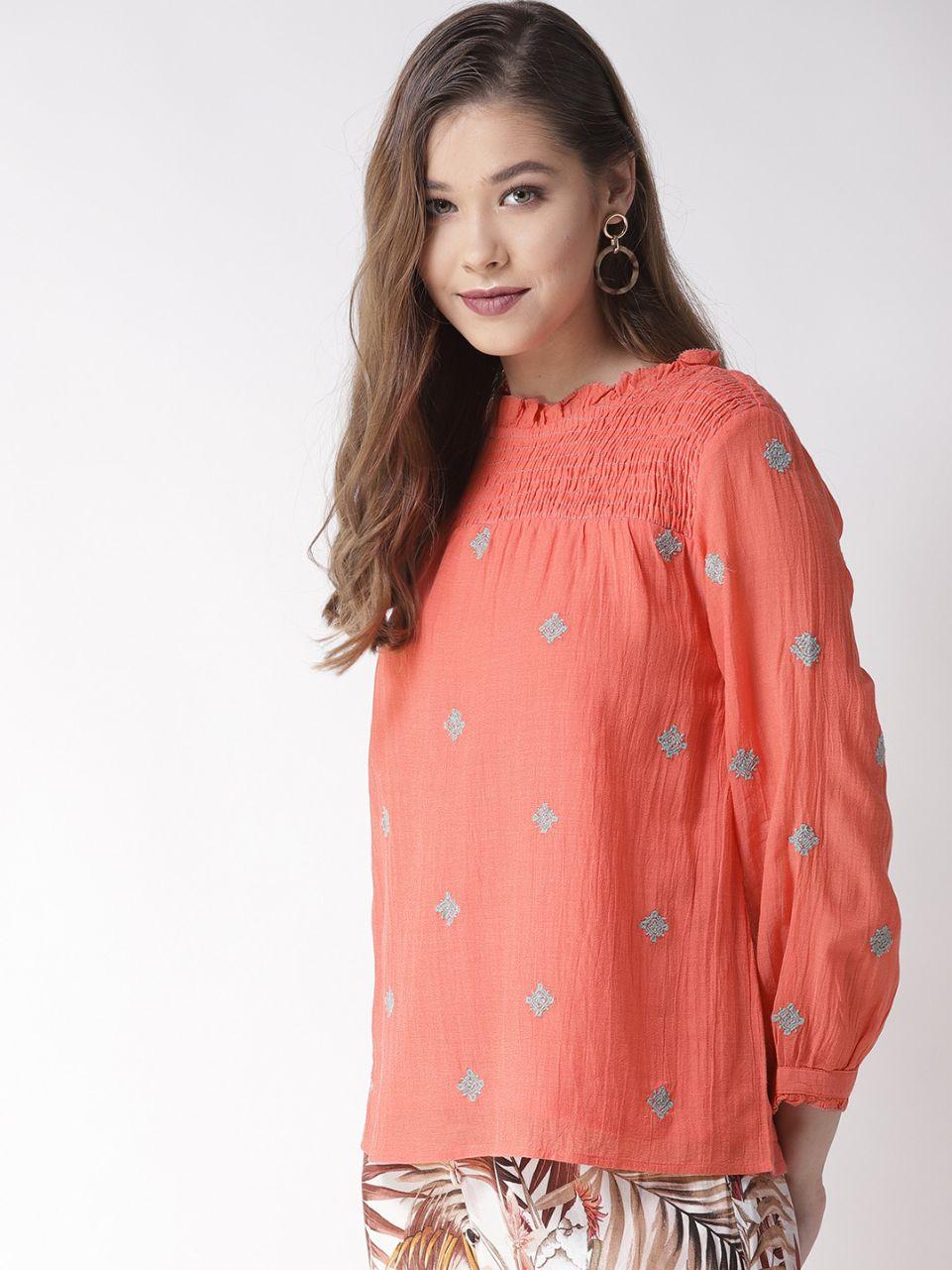 Scoup Women's orange-embroidered-top