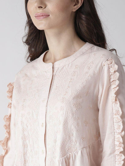 Dusty Pink Embroidered Tunic Top with Frill Detail on Sleeves