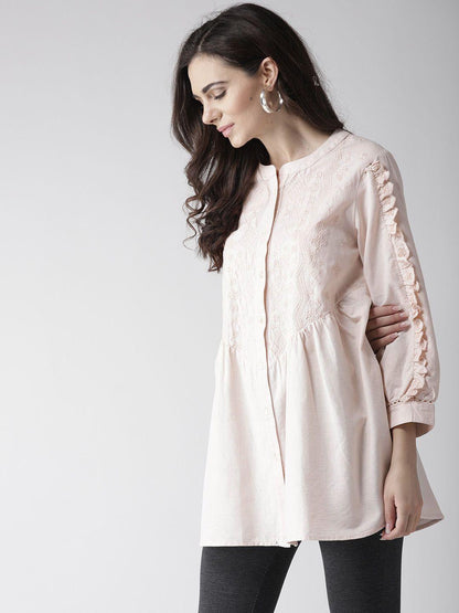 Dusty Pink Embroidered Tunic Top with Frill Detail on Sleeves