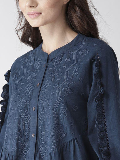 Navy Blue Embroidered Tunic Top with Frill Detail on Sleeves