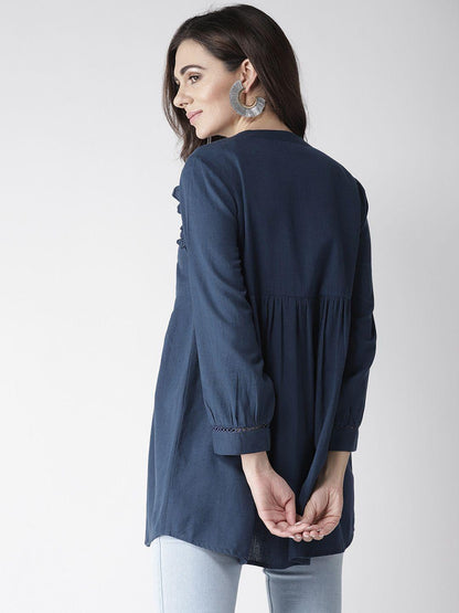 Navy Blue Embroidered Tunic Top with Frill Detail on Sleeves