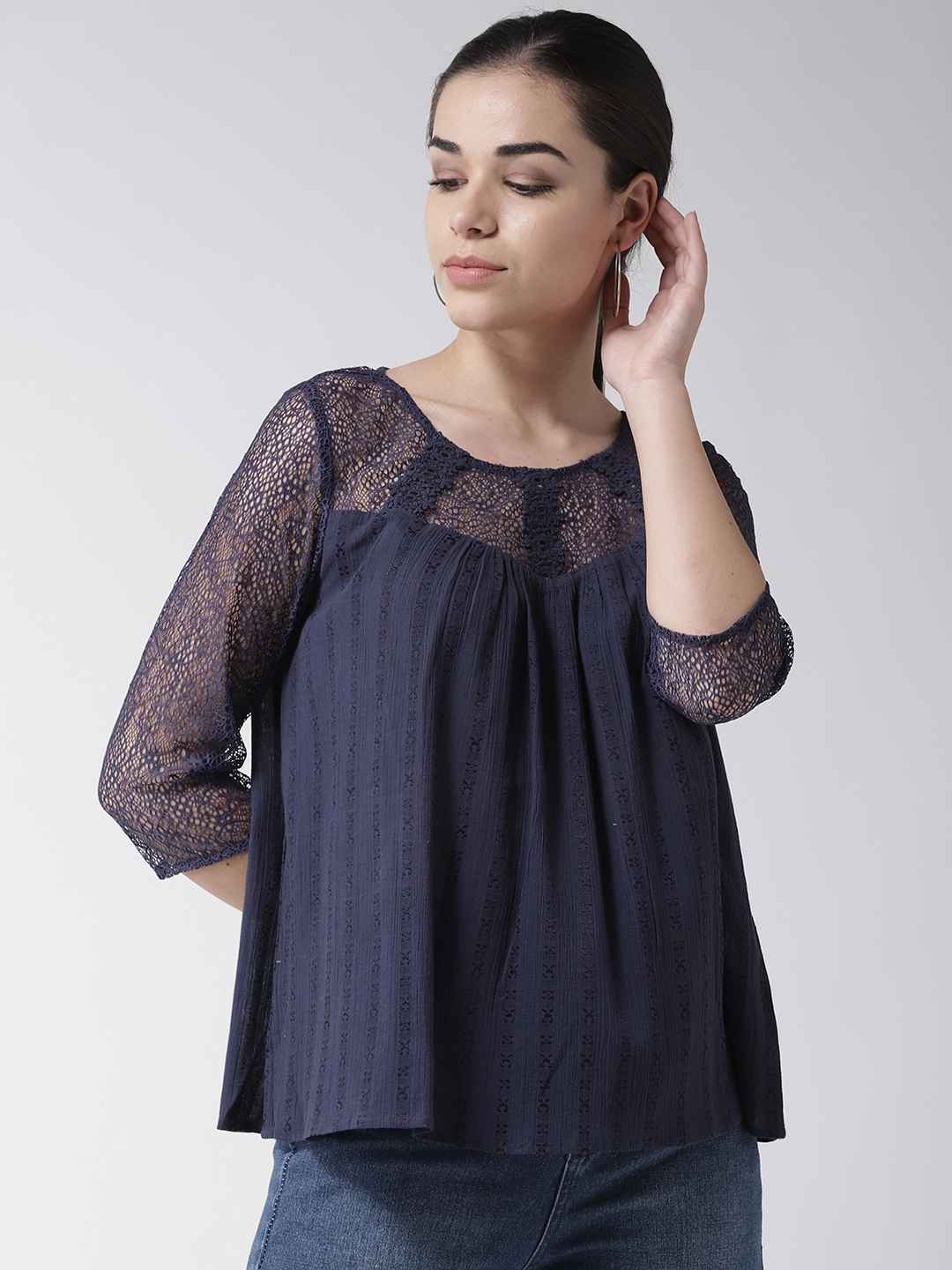 Mesh & Lace Insert Cotton Dobby Top