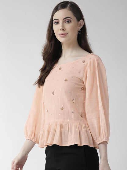 Peach-Coloured Embellished Styled Back Top