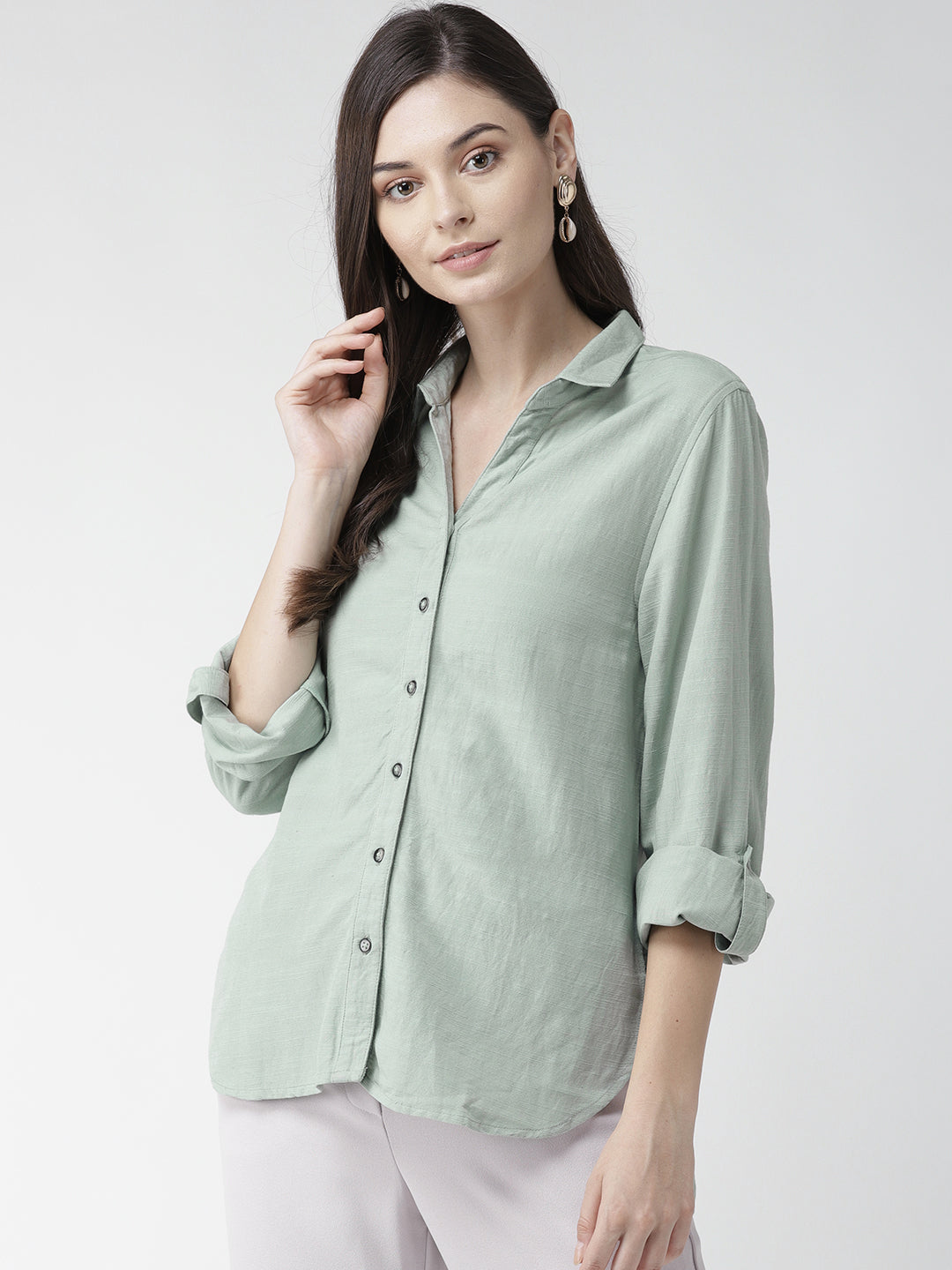 Cotton Linen Light Green Solid Shirt