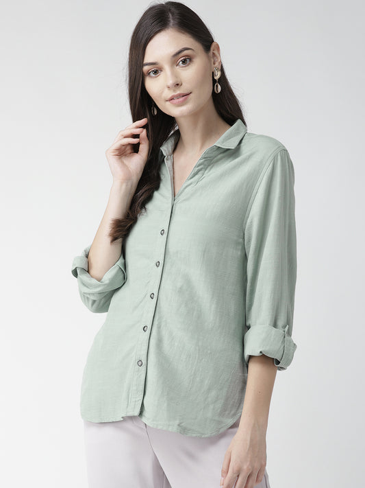 Scoup Cotton Linen Light Green Solid Shirt