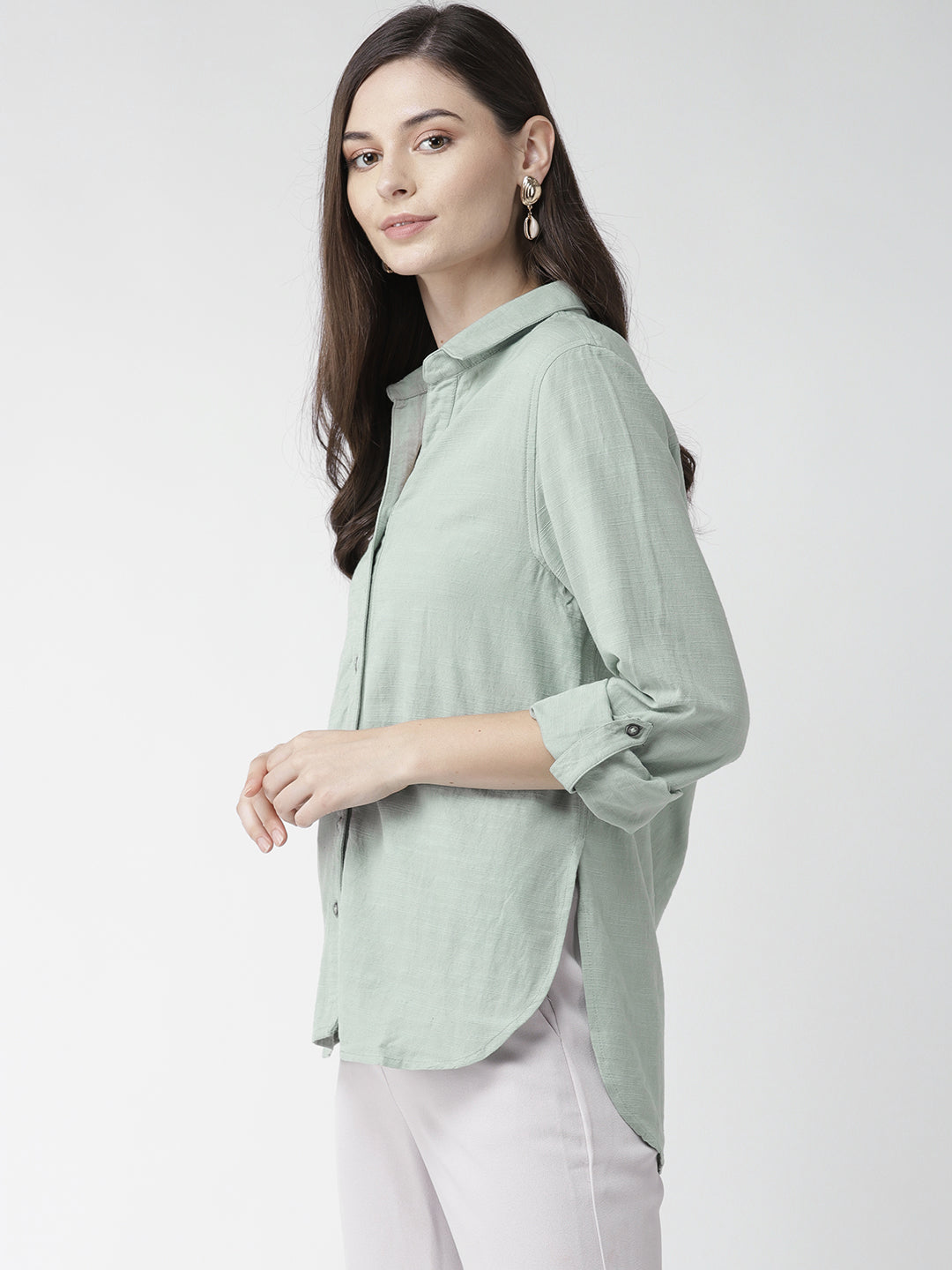 Scoup Cotton Linen Light Green Solid Shirt