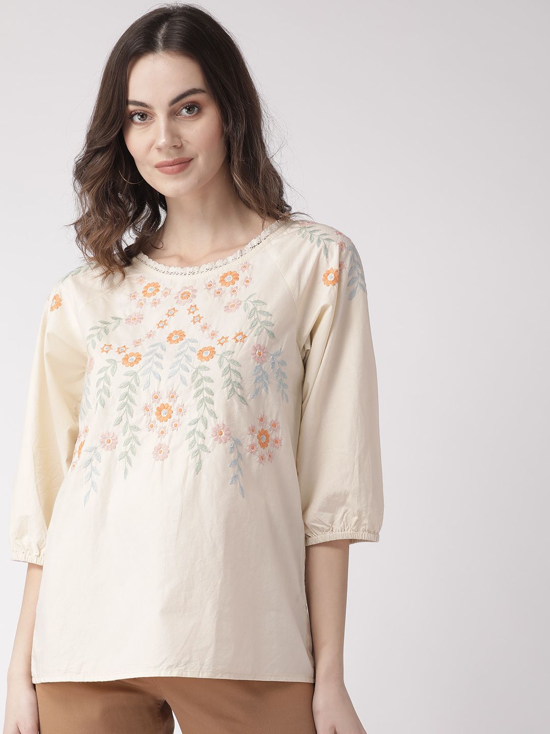 Off White Cotton Embroidered Poplin Top