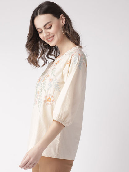 Off White Cotton Embroidered Poplin Top