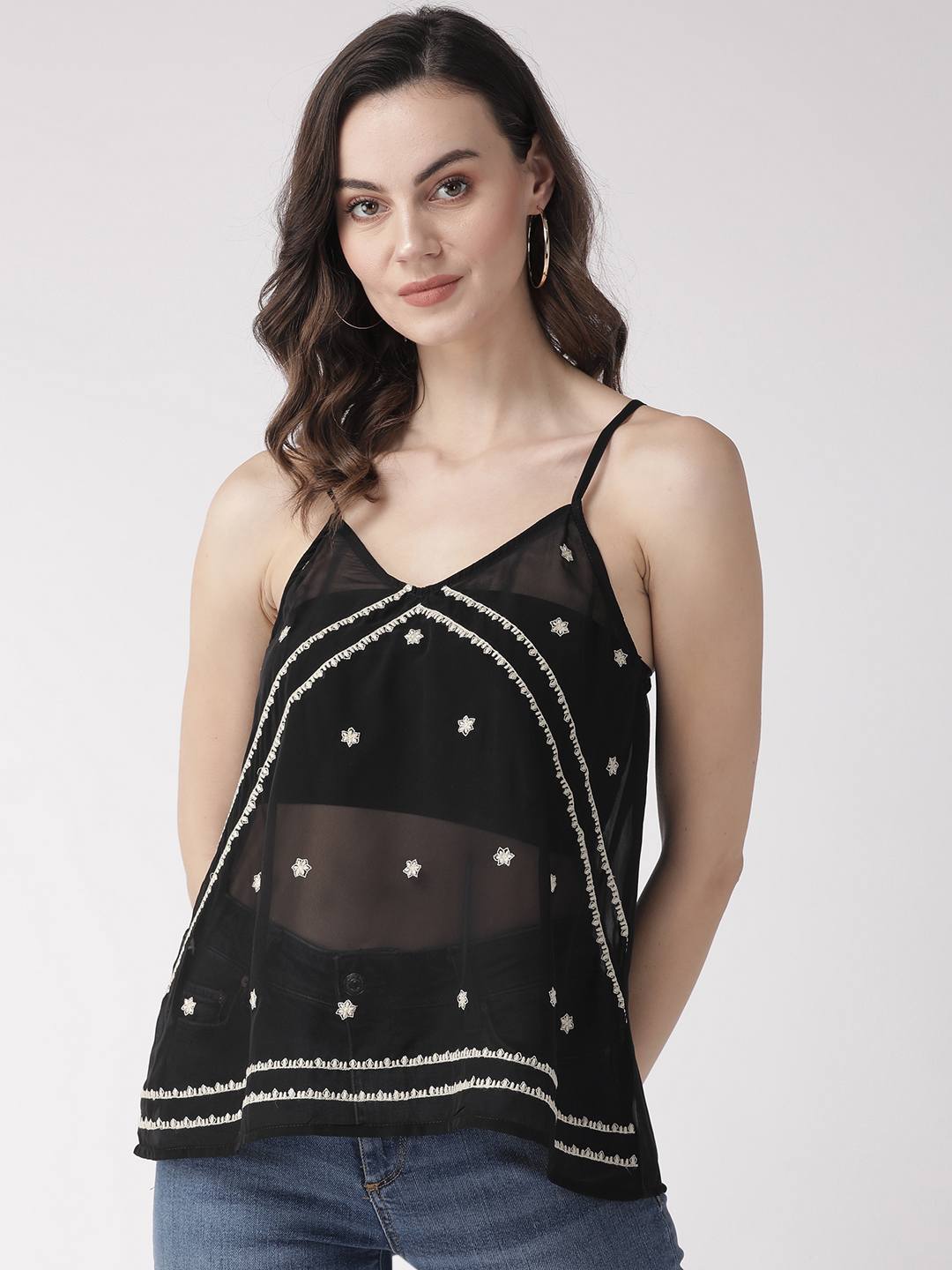 Black & White Embroidered Sheer Strappy Top