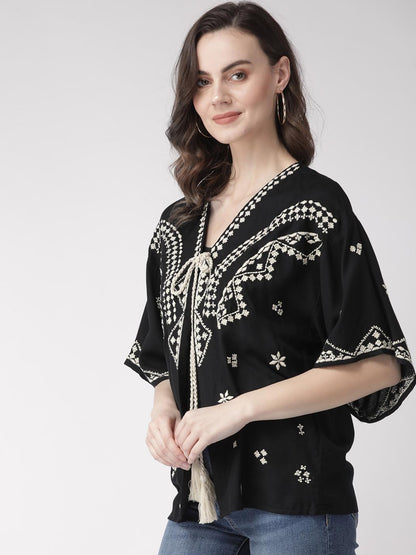 Black & Off-White Embroidered Tie-Up Shrug