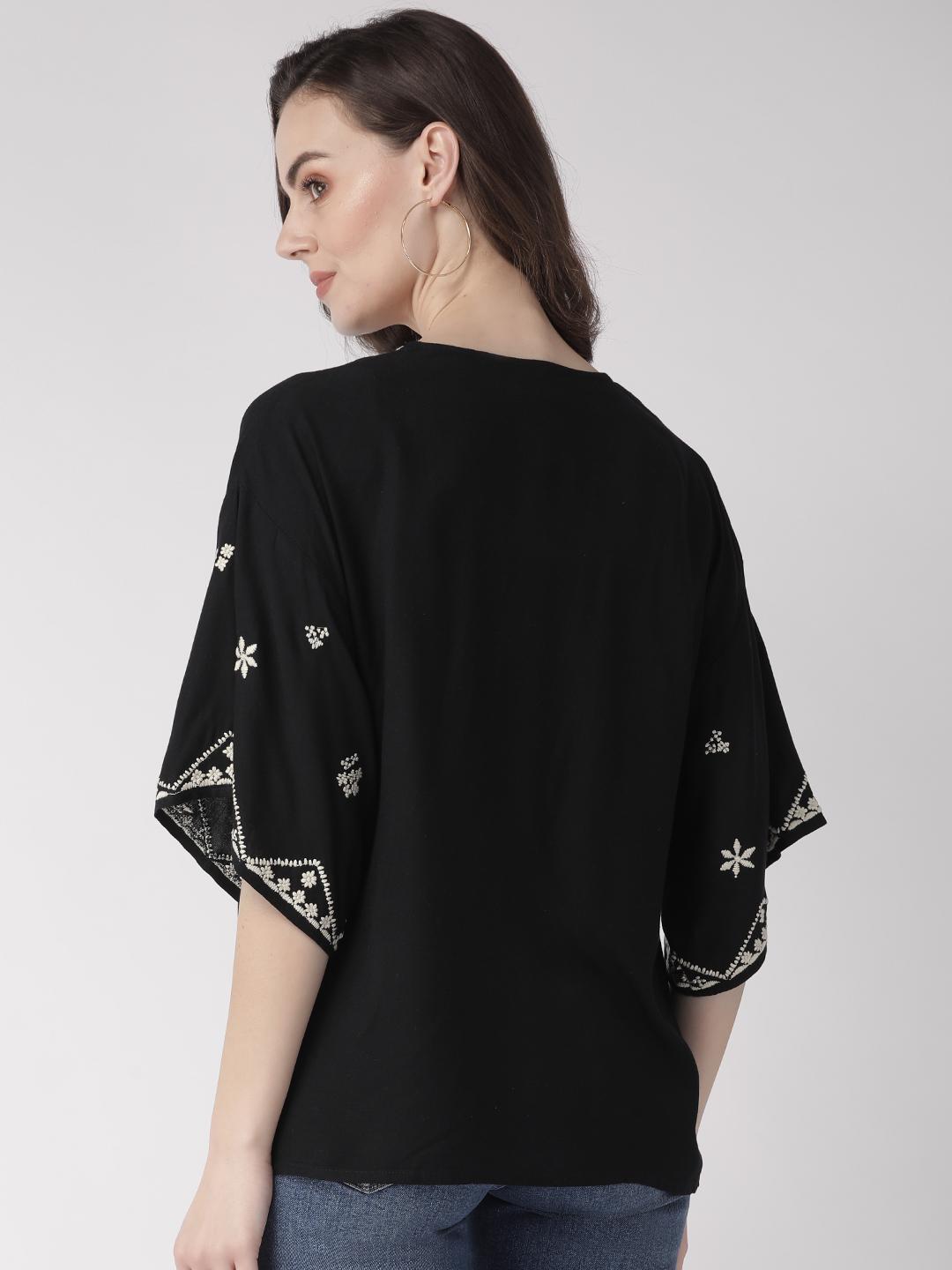 Black & Off-White Embroidered Tie-Up Shrug