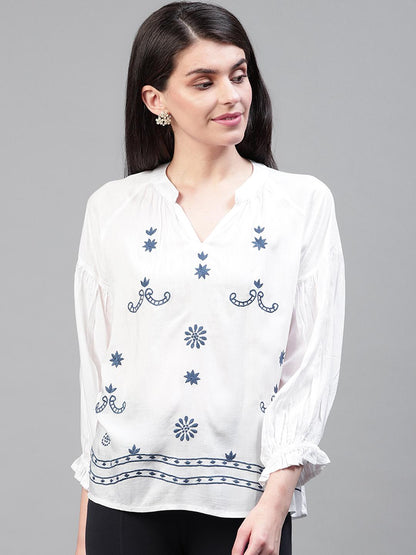 White viscose dobby embroidered top