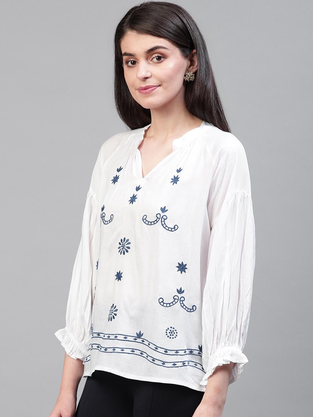 White viscose dobby embroidered top