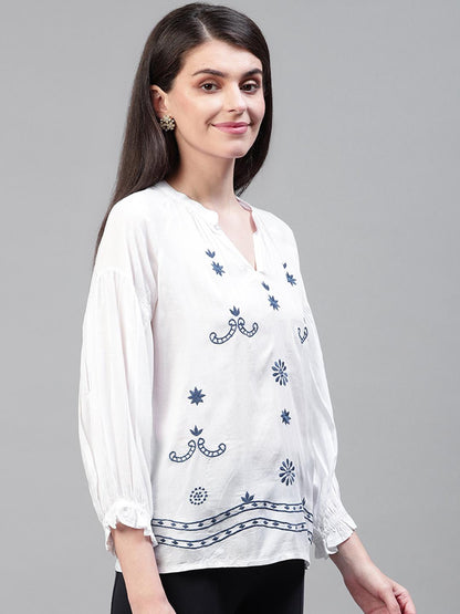 White viscose dobby embroidered top